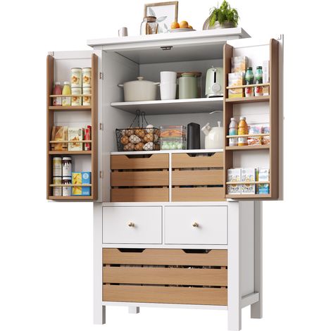 Buffet de cuisine haut 80x40x140 cm, armoire de rangement avec 2 portes et 5 tiroirs, meuble polyvalent blanc (1/5)