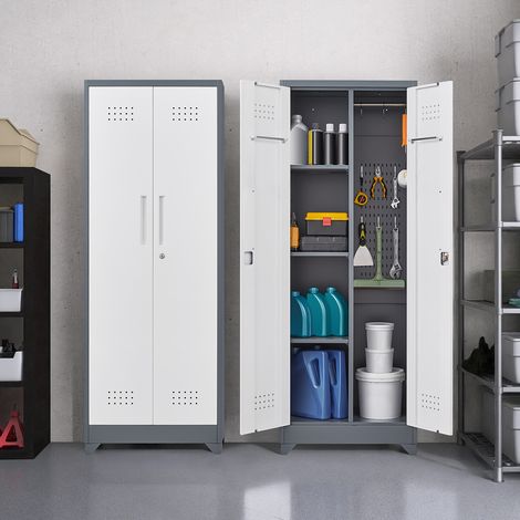 AS EASY Grey 65" Metal Cleaning Tool Storage Cabinet with Locking Doors, Shelves, Hanging Rod & S-Hooks