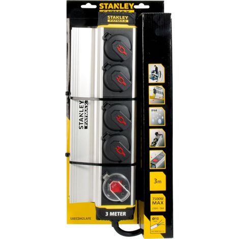 Stanley – Bloc multiprise étanche IP44 – 4 prises 16A avec clapets de protection – Câble 3m H07RN-F en caoutchouc – Pince d'accroche en aluminium (1/4)