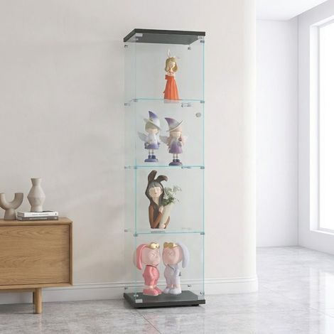 Vetrina espositiva in vetro - Vetrina moderna a quattro strati con anta - Vetrina espositiva in vetro temperato - Nera (1/5)
