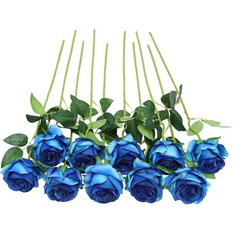 Paquet de 12 roses artificielles, fausses fleurs en soie décoratives avec tige unique de 50 cm, fleurs réalistes pour décoration de mariage, fête de jardin, hôtel, famille, décoration florale bleu cla (1/5)