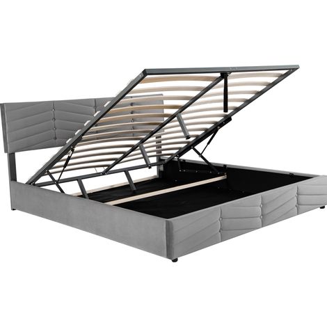 Doppelbett mit hydraulischem Bettkasten, grauem Samt, 160 x 200 cm, verstellbares Kopfteil (1/5)