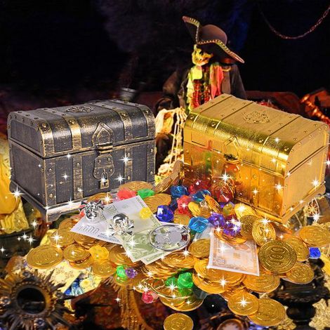 Coffre de pirate pour chasse au trésor, boîte de rangement décorative, couvercle carré (doré électrolytique) (1/3)