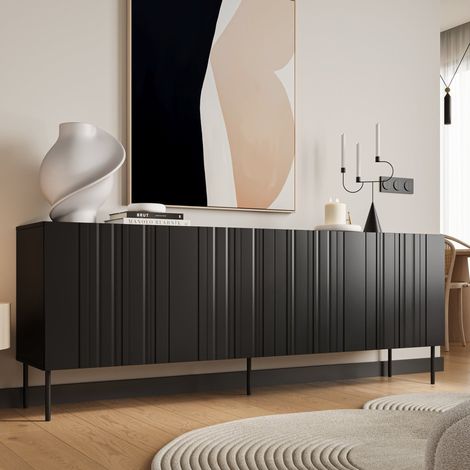 Aparador Gerace, aparador de salón con cuatro puertas batientes y compartimentos interiores, elevado del suelo, 201 x 42 x 75 cm, color negro (1/5)