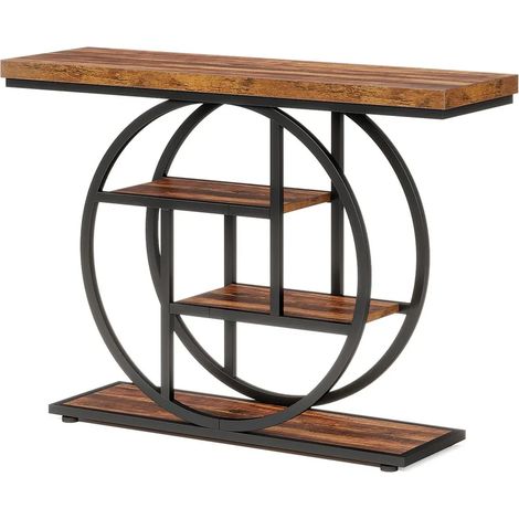 Table console industrielle à 4 niveaux avec plateau rond en métal, 105x30x80 cm (1/5)