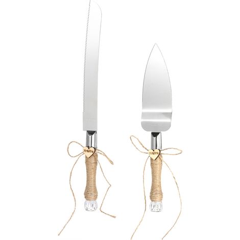 Couteau et pelle à gâteau mariage en acier inoxydable set avec manches cristal ruban dentelle paysan boîte cadeau réception anniversaire (1/2)