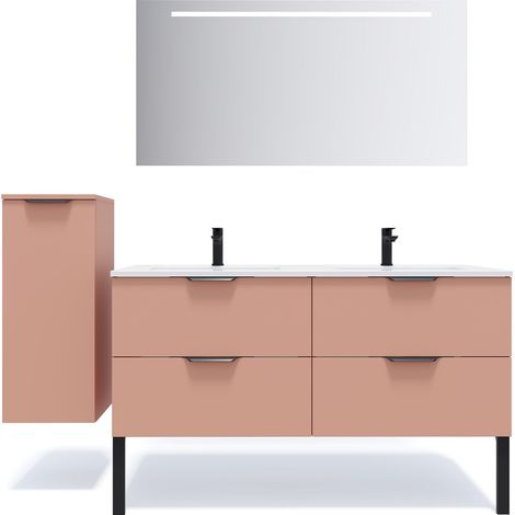 Meuble de salle de bain suspendu double vasque intégrée 140cm 4 tiroirs Abricot + miroir + colonne ouverture gauche - Soho (1/5)