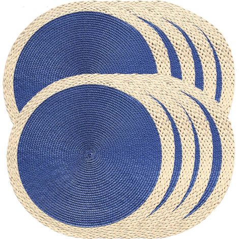 Lot de 8 sets de table ronds tressés - sets de table lavables résistants à la chaleur 38,1 cm pour table de salle à manger, antidérapants pour usage intérieur et extérieur, pour Pâques'Bleu (01) 8 pcs