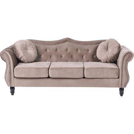 Sofa Taupe Velvet 3 Seater Nailhead Trim Button Tufted Throw Pillows Rolled Arms Glam SKIEN (1/5)