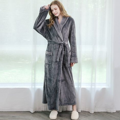 Peignoir long femme microfibre hiver chaud moelleux peignoir de bain robe de chambre tenue de nuit cadeau Noël - Gris (1/5)