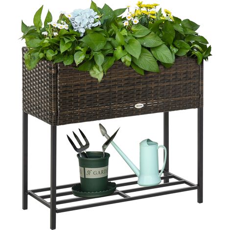 Outsunny Poly Rattan Hochbeet Blumenkasten mit Füßen Rattan Blumenkasten Blumentopf mit Ablage Braun 70 x 30 x 70 cm