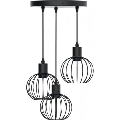 Suspension triple sphérique métal noir, douille E27, style industriel, déco tendance pour intérieur