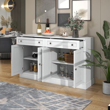 Grand meuble de rangement moderne 4 portes et 2 tiroirs, buffet ancien blanc pour salle à manger et salon, 150 x 40 x 86 cm (L x P x H)