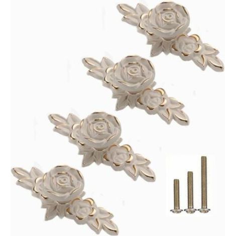 Poignées de meubles blanches de style européen avec garniture dorée - conviennent aux coiffeuses, tables de chevet, etc. - lot de 4, 10,3 x 4,4 cm