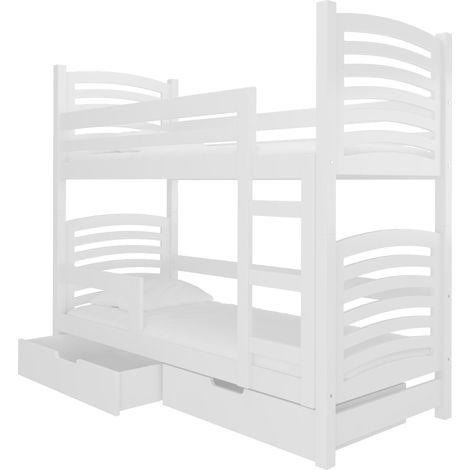 Lit superposé 2 places 80x190 OZURA – Avec matelas et tiroirs de rangement-Blanc (1/5)