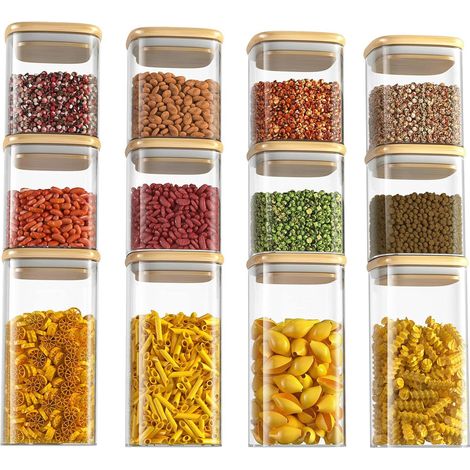 Neo Set of 12 Square Glass Storage Jars with Bamboo Lids Airtight Glass Canisters (1/5)