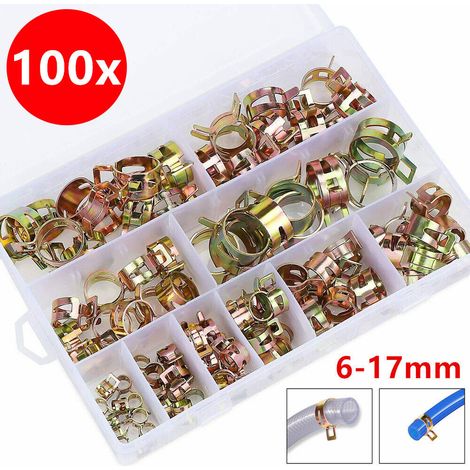 Kit de 100 colliers de serrage, diamètre 6-17 mm, acier à ressort, pour durites carburant eau huile (1/5)