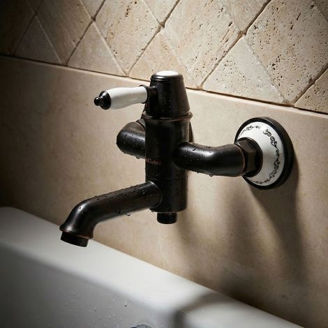 PaulGurkes Robinet de baignoire rétro noir avec bordure en céramique blanche (1/5)