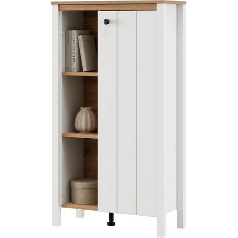 Vitrine Galdo, Ausstellungsregal 4 Böden, eine Tür, mit Füßen, 73x34x118h cm Weiß Matt