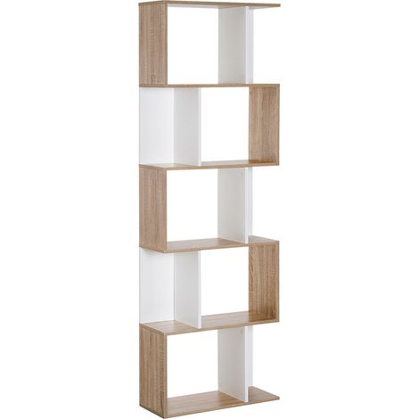 Bibliothèque à 5 niveaux, meuble de rangement en forme de S avec étagères, étagère de rangement pour salon, chambre bureau, 60 x 24 x 184,5 cm, bois de chêne, blanc