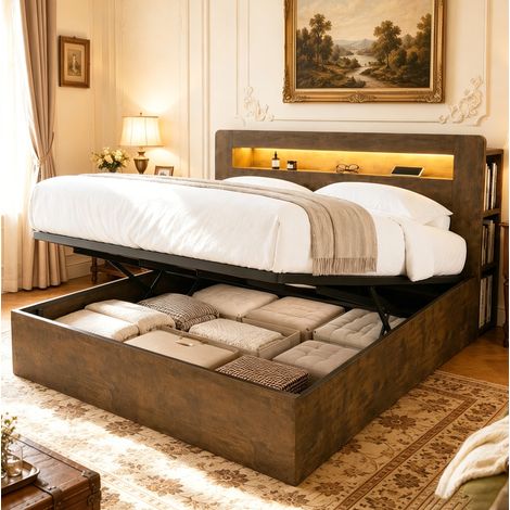 Letto contenitore 219.5x181x107 cm, vano idraulico, testiera con LED e prese, legno compensato MDF, legno (1/5)