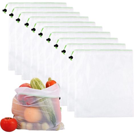 Lot De 10 Sacs En Filet Avec Cordon De Serrage, Sacs En Filet Respirant Pour Fruits Et Légumes, Sacs En Filet Réutilisables, Sacs De Courses En Filet (1/5)