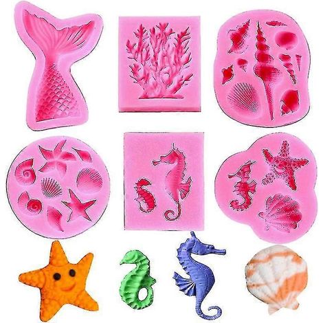 Moules en silicone pour gâteau sur le thème des sirènes - Queue de sirène, hippocampe, étoile de mer, coquillage, corail, conque, tortues marines (1/3)