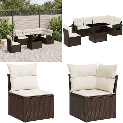 7-tlg. Garten-Sofagarnitur mit Kissen Braun Poly Rattan - Gartenmöbel Set - Esszimmergarnitur - Lounge Möbel - Outdoor Möbel - Rattan Gartenmöbel - Home & Living (1/5)