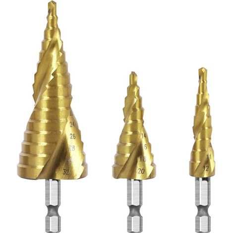 Forets Étagés Metal, Foret Meche Conique Hss Avec Tige Hexagone Triange Pour Métal/Bois/Plastique Lot De 3 Pcs 4-12/4-20/4-32mm (1/5)