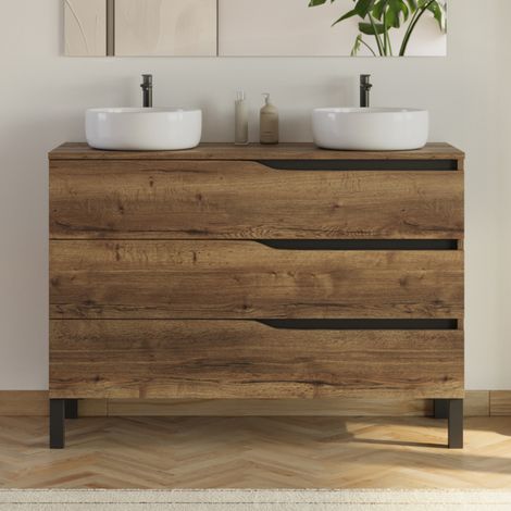 Meuble de salle de bain 120cm avec plateau et 2 vasques à poser Ares - 3 tiroirs - sans miroir - tabaco (chêne foncé) - MATA (1/4)