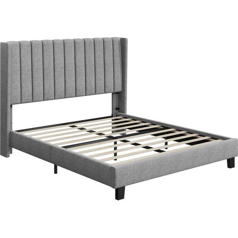Yaheetech Lit Double Rembourré 160x200 cm avec Sommier à Lattes, Cadre de Lits Moderne pour Adultes 2 Personnes, Tête de Lit à Rayures en Bois et Métal, Gris Clair