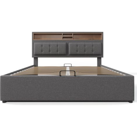 HOMVRA Doppelbett 160x200 cm aus grauem Leinen mit verstellbarem Kopfteil, USB & Steckdosen (1/5)
