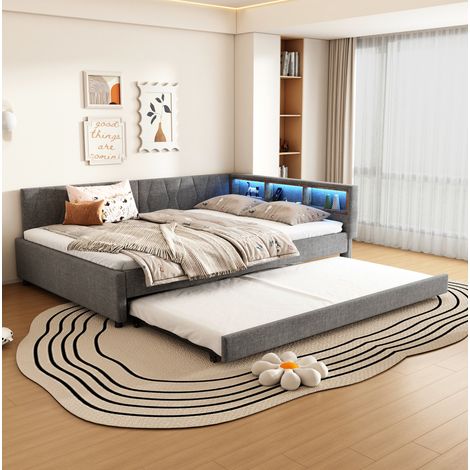 Tagesbett 140x200 mit Ausziehbett LED USB Leinen Grau OKMYHOME (1/5)