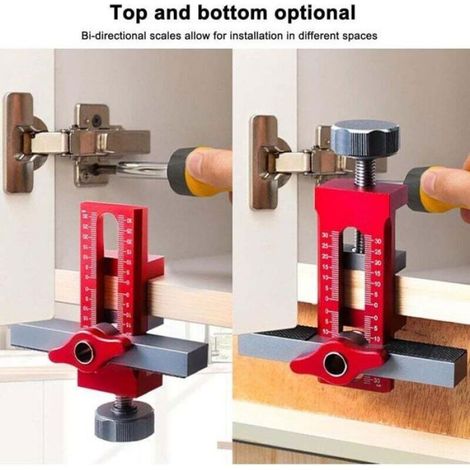Pince de fixation pour porte d'armoire, outil d'installation 2 en 1 en alliage d'aluminium, livré avec 3 forets (rouges). (1/4)