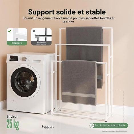 Grand porte-serviettes sur pied à 3 niveaux - Porte-serviettes de bain surdimensionné pour sécher les serviettes de bain pour chambre à coucher, salle de bain ou piscine (blanc) (1/5)