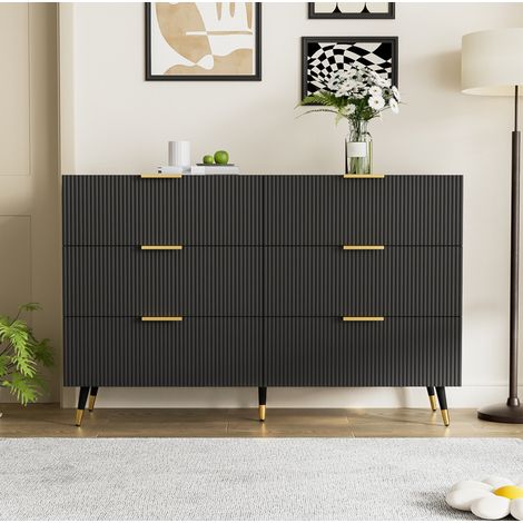 Buffet en panneaux de particules noir 120 x 40 x 77 cm avec 6 tiroirs, façade ondulée et pieds hauts (1/5)