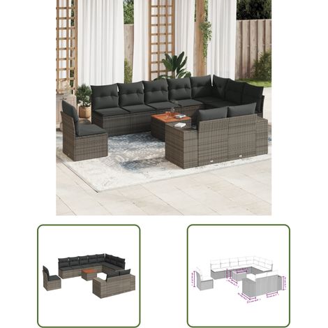 The Living Store 11-tlg. Garten-Sofagarnitur mit Kissen Grau Poly Rattan - Gartensorte - Gartenmöbel Set - PE-Rattan Möbel - Outdoor Lounge - Esstischgarnitur (1/3)