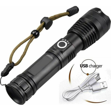 Lampe de poche à lumière puissante charge USB zoom télescopique longue portée P70 pour la conduite de nuit, le camping (1/5)