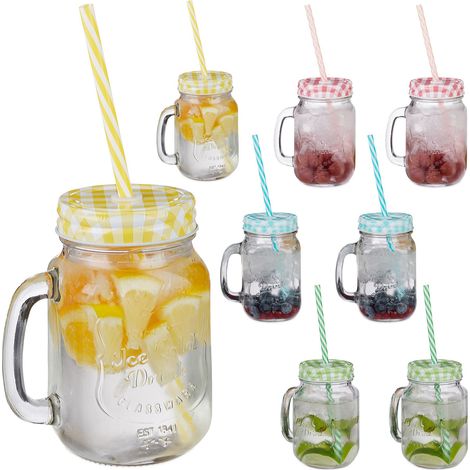 Relaxdays Drinking Mason Jam Jars with Reusable Straws and Handles, Set of 8, 400 ml, Colourful Iced Beverages Glass Set (1/5)
