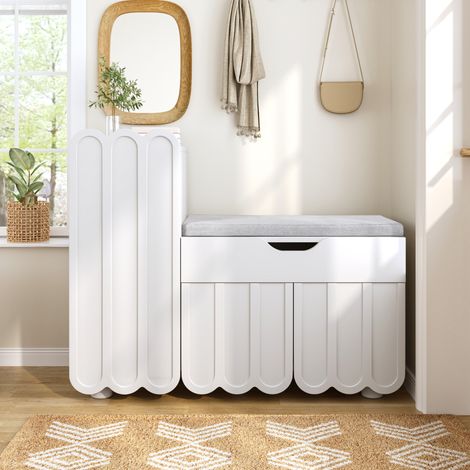 Meuble à chaussures en MDF blanc avec 3 portes, 1 tiroir et assise rembourrée, 90 x 35 x 74,5 cm (1/5)