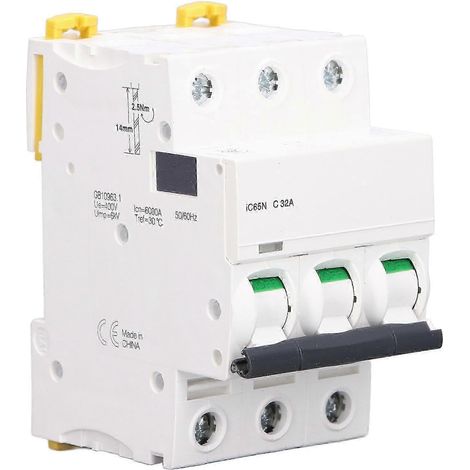 Disjoncteur modulaire 32A IC65N C32, 3P 400V, rail DIN, protection contre surcharges et courts-circuits, interrupteur basse tension (1/4)
