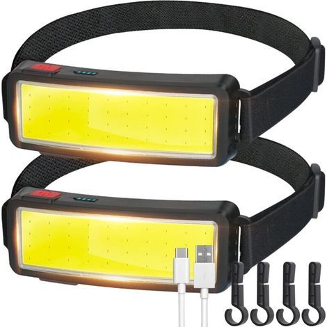 LED Lampe frontale torche USB rechargeable COB Projecteur léger imperméable - Entretien et construction de voiture - Lumière de travail pour casque - Cyclisme Pêche en plein air, Paquet de 2