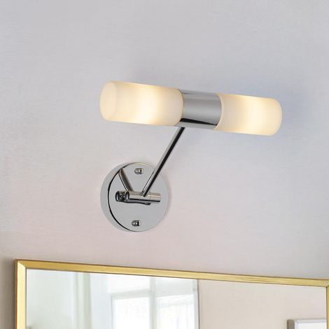 1 Applique murale, Verre opale, Métal chromé, Bras orientable, Double lumière, IP44, Salle de bain