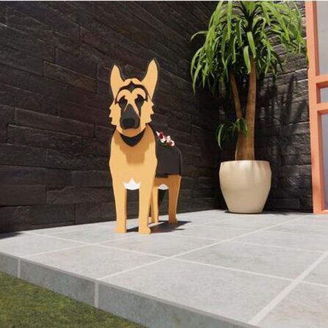 Dekorativer Blumentopf aus Holz in Form eines niedlichen Hundes, Muster: Deutscher Schäferhund, für den Garten. (1/5)