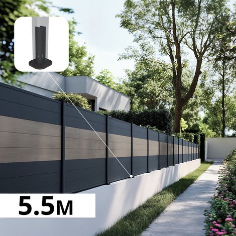Kit Clôture Aluminium BAHIA & CRUZ Argent 5,53x1,2m - Bois Composite & Aluminium - Poteaux Gris - Brise Vue - Palissade