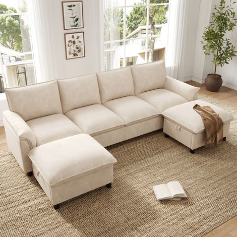 Canapé d'angle modulable en U/L avec 2 repose-pieds mobiles, dossier haut,canapé 6 places en chenille,adapté pour le salon,l'appartement,beige