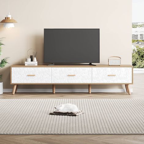 Meuble tv vintage 150x35x39 cm en bois clair avec portes blanches grain vintage (1/5)