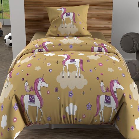 Parure Housse de Couette 140x200 cm Licornes Jaune, 100% Coton 57 Fils/cm2 (1/5)