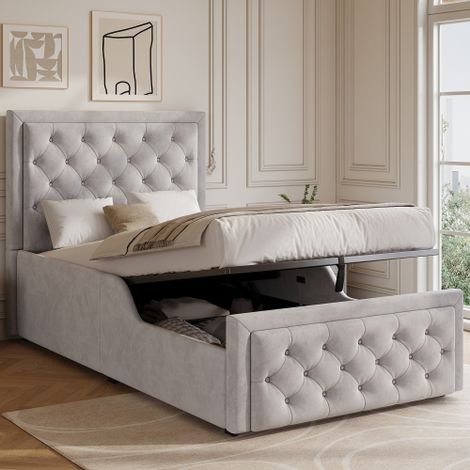 Cama tapizada, cama individual, cama infantil de 90 x 200 cm, cama funcional hidráulica, cama con somier de láminas, cabecero y amplio espacio de almacenamiento, cabecero tapizado, terciopelo, gris. (1/5)