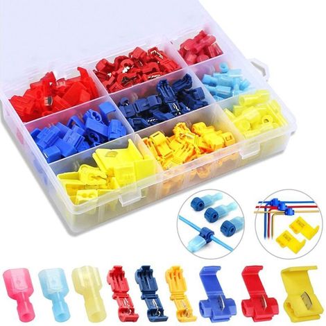 160pcs Cosse Rapide Electrique Connecteur Kit, 60 pcs Connecteur Rapide T-Tap + 60pcs Connecteur Terminal Entièrement Isolé + 40pcs Connecteur Dérivation Rapide, Rouge, Bleu, Jaune